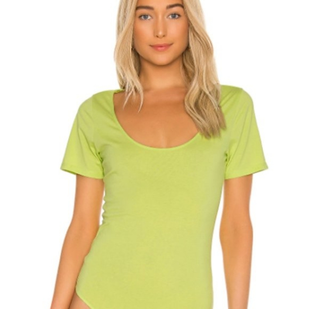 GRLFRND Women’s Bodysuit Neon Lime Green Lora Scoop Neck Short Sleeve Size XS